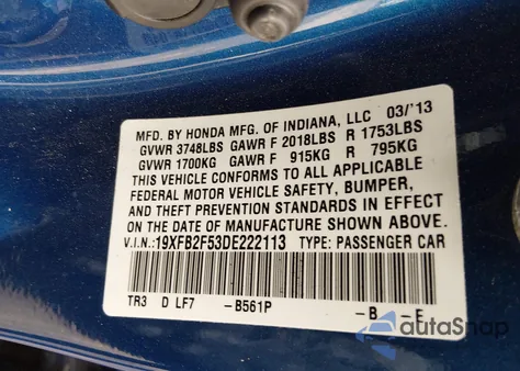 2013 Honda Civic Lx from USA, damaged, VIN 19XFB2F53DE222113